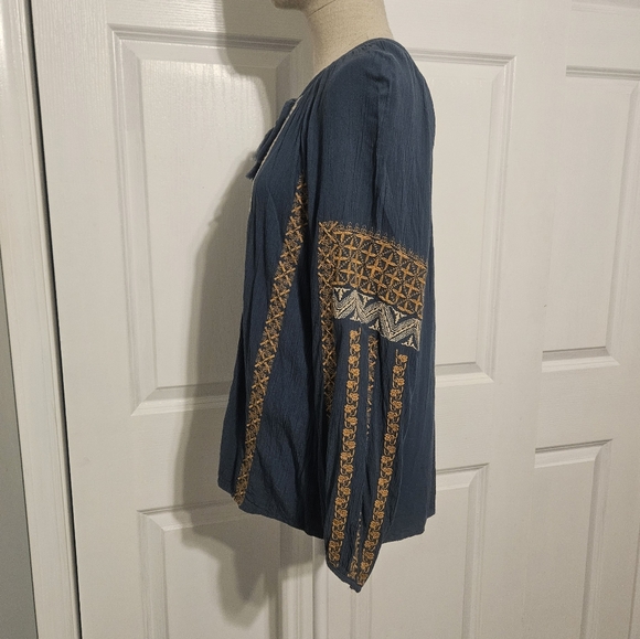 American Eagle Outfitters Blue and Tan Embellished Long Sleeve Blouse - Picture 3 of 6